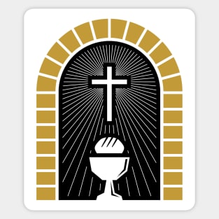 Christian illustration. Cross, holy chalice and bread. Sticker